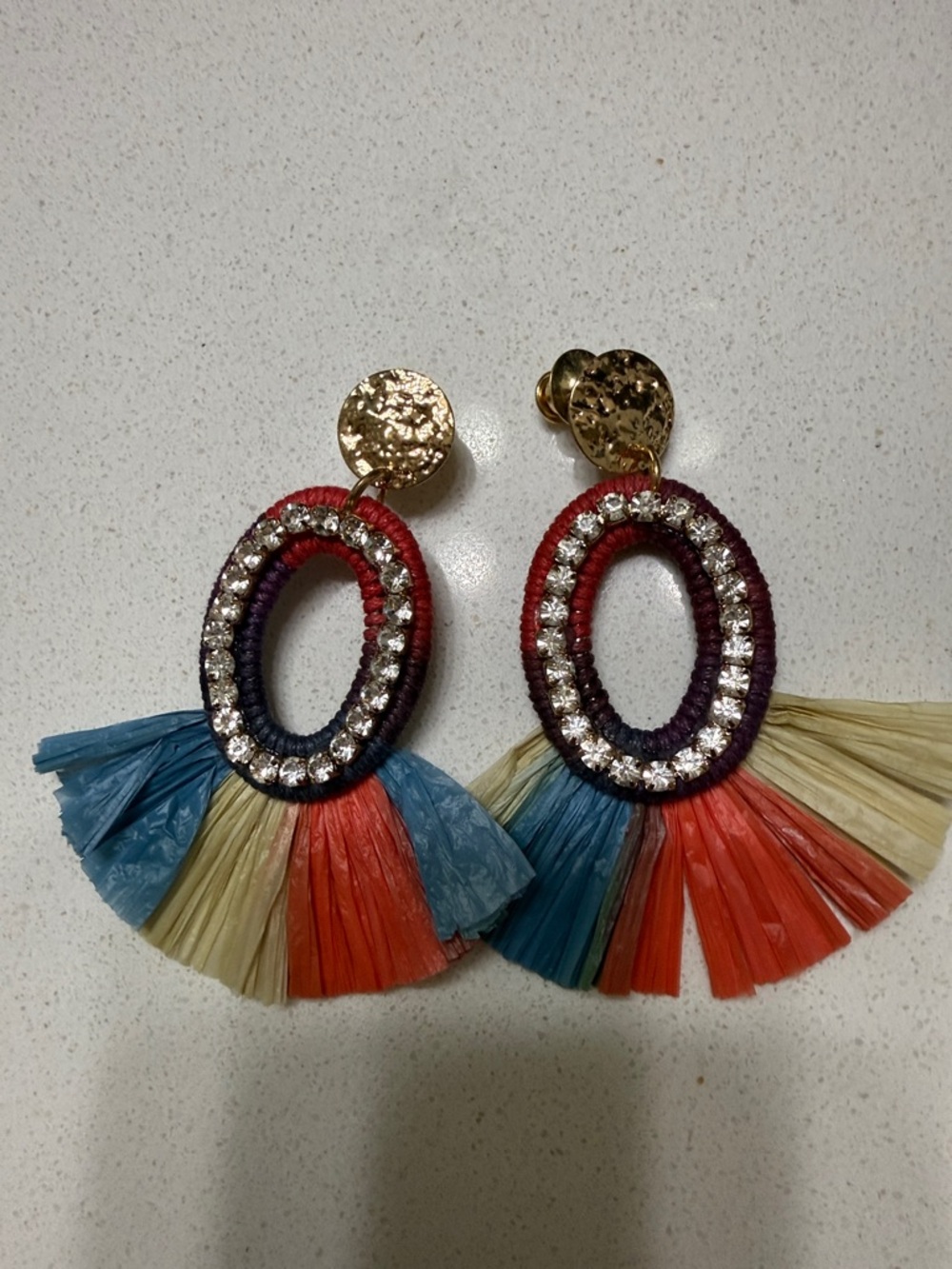 Sassy Jones Red Blue Cream Raffia Oval Crystal Fringe Earrings